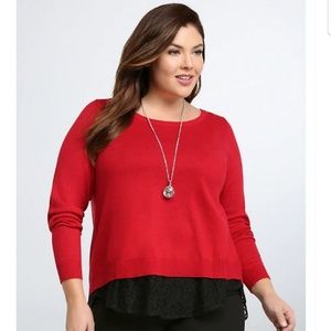 Torrid Plus Size Red Lace Hem Button Back Sweater